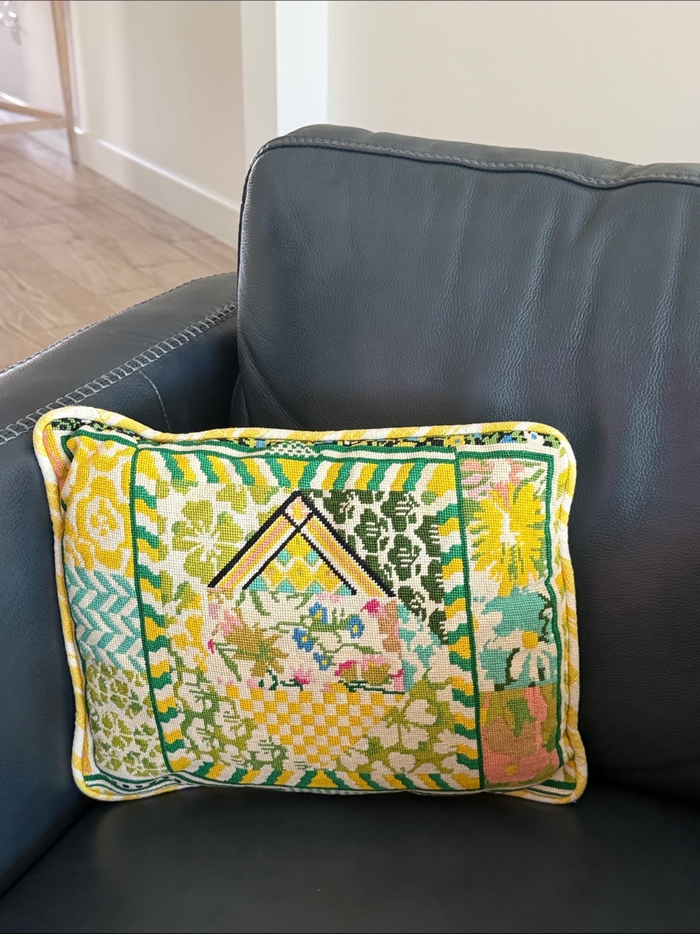 Vintage Needlepoint throw pillow Geometric Pattern w/floral botanical accents